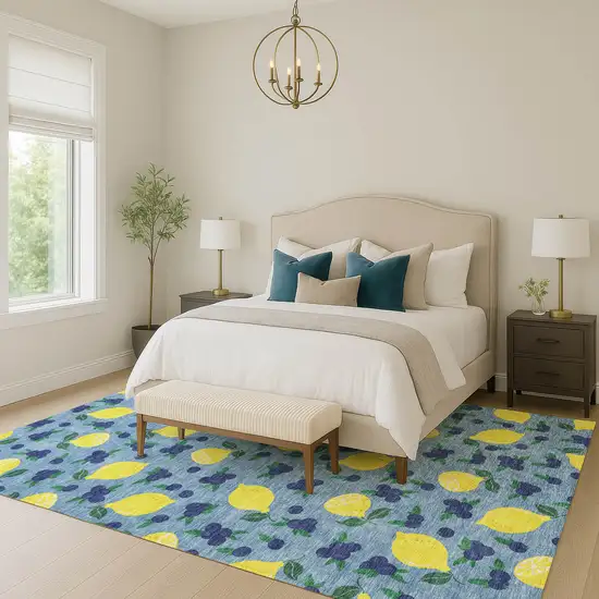 Denim Blue Yellow And Green Lemons Washable Indoor Outdoor Area Rug Photo 8