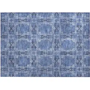 Photo of Denim Blue and Gray Floral Medallion Washable Non Skid Indoor Outdoor Area Rug