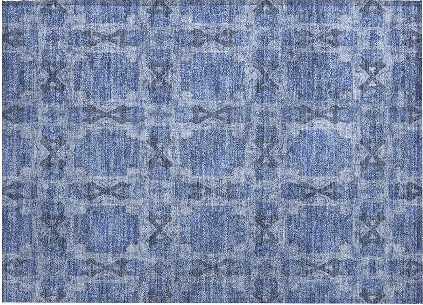 Denim Blue and Gray Floral Medallion Washable Non Skid Indoor Outdoor Area Rug Photo 2
