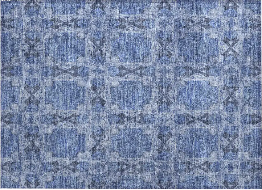 Denim Blue and Gray Floral Medallion Washable Non Skid Indoor Outdoor Area Rug Photo 2
