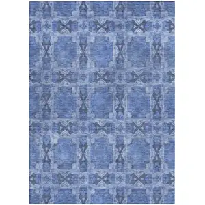Photo of Denim Blue and Gray Floral Medallion Washable Non Skid Indoor Outdoor Area Rug