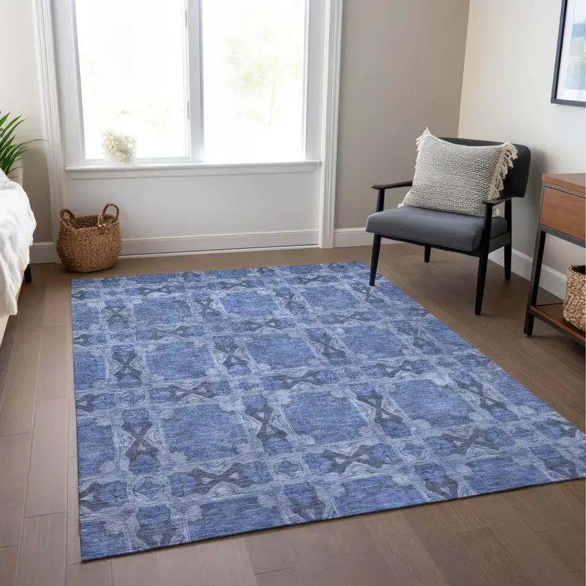 Denim Blue And Gray Floral Medallion Washable Indoor Outdoor Area Rug Photo 9