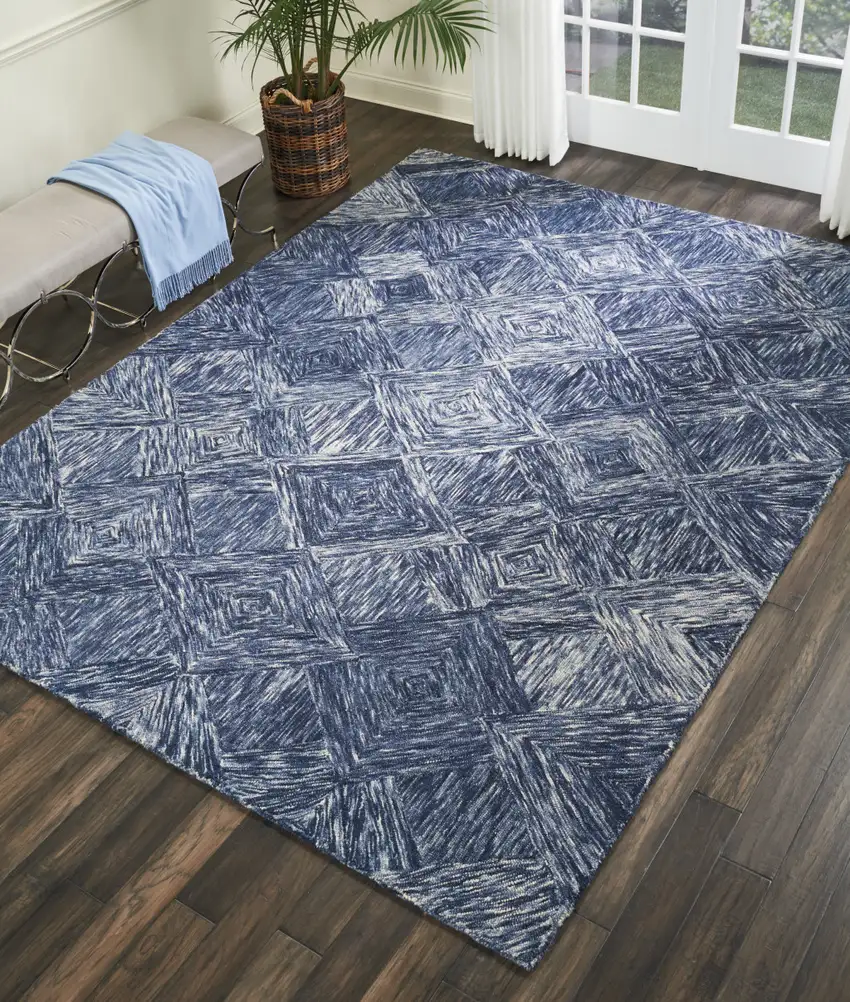 Denim Blue and Ivory Wool Geometric Area Rug Photo 5
