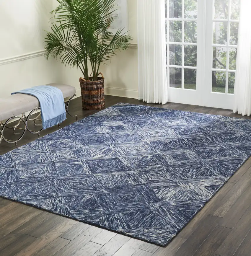 Denim Blue and Ivory Wool Geometric Area Rug Photo 7