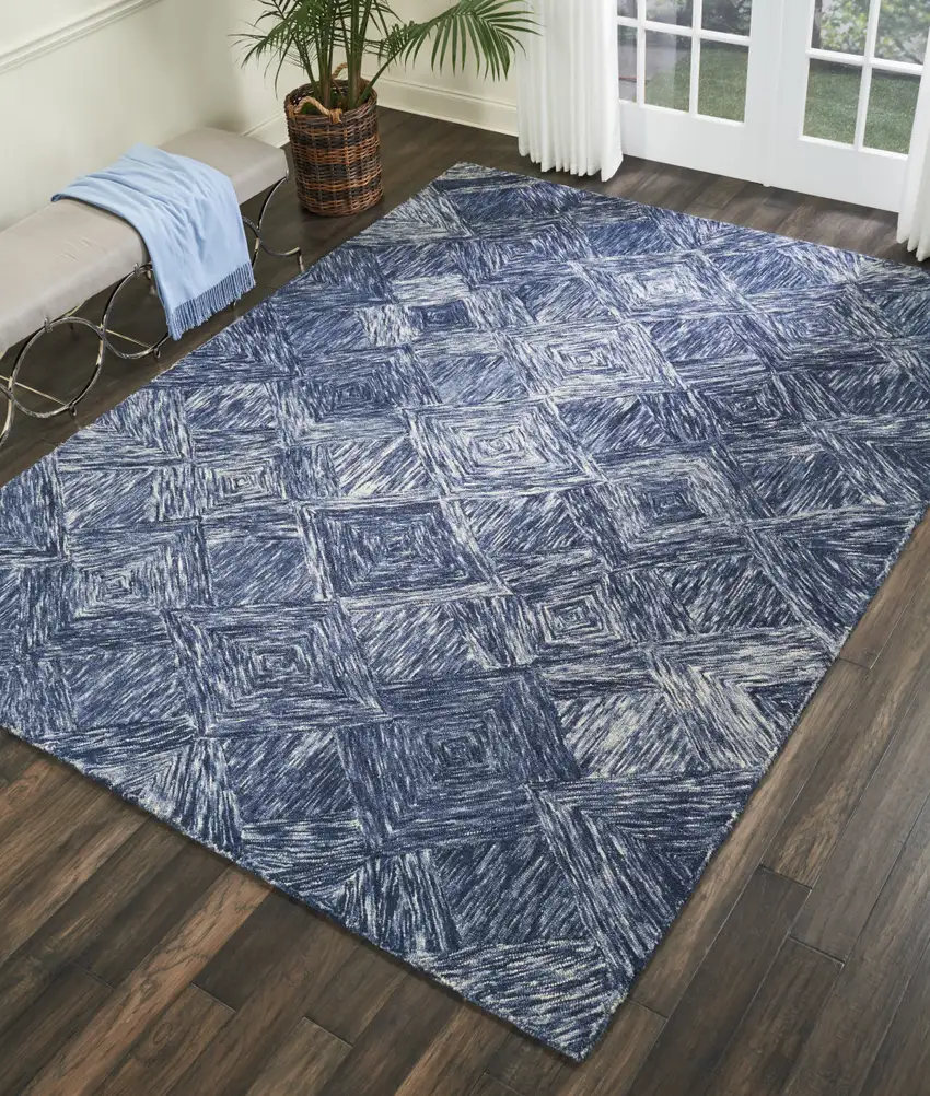 Denim Blue and Ivory Wool Geometric Area Rug Photo 8