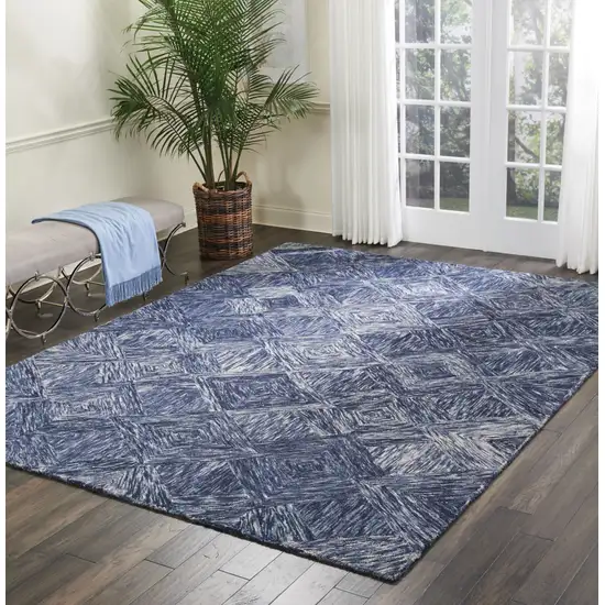 Denim Blue and Ivory Wool Geometric Area Rug Photo 4