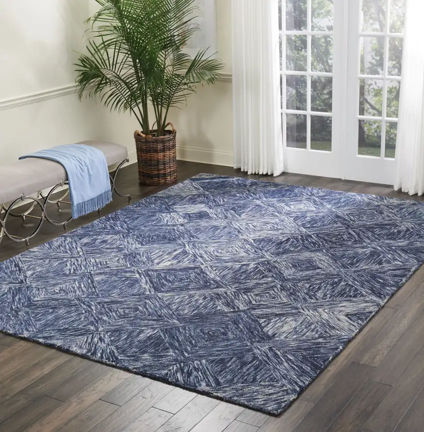 Denim Blue and Ivory Wool Geometric Area Rug Photo 4