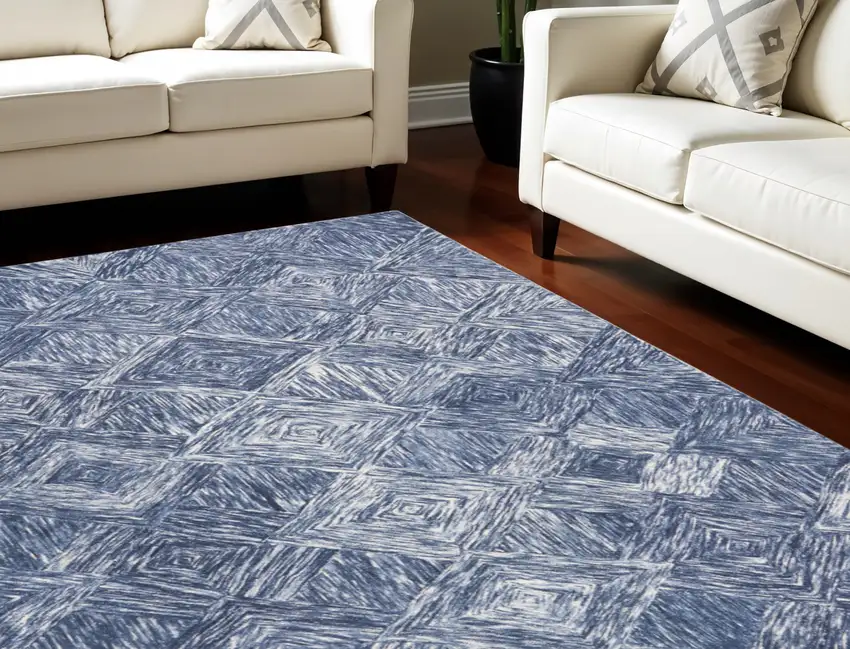 Denim Blue and Ivory Wool Geometric Area Rug Photo 1