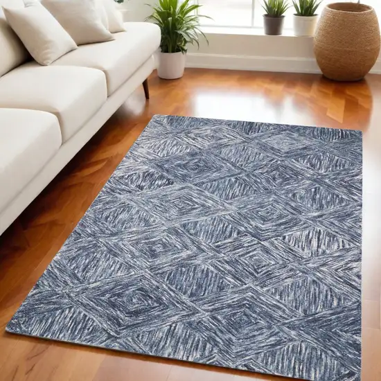 Denim Blue and Ivory Wool Geometric Area Rug Photo 2