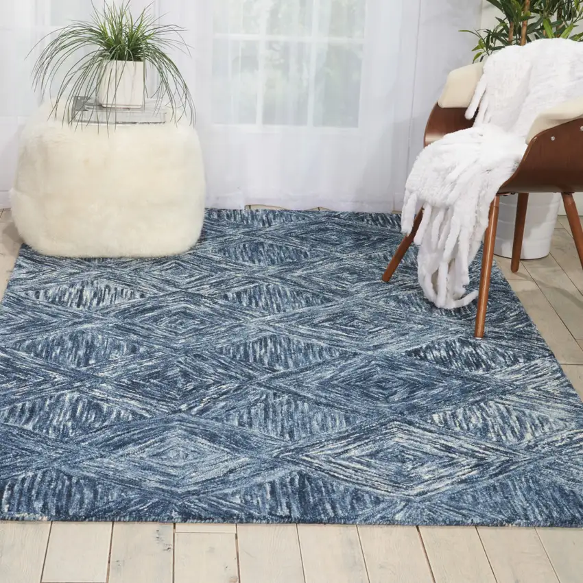 Denim Blue and Ivory Wool Geometric Area Rug Photo 4