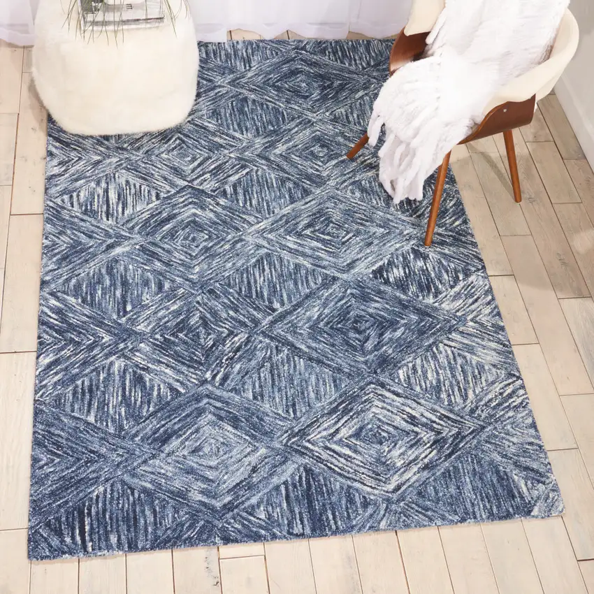 Denim Blue and Ivory Wool Geometric Area Rug Photo 4