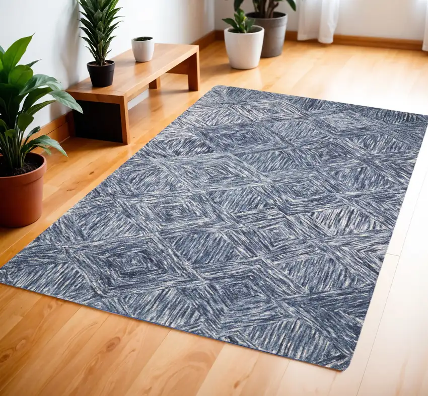 Denim Blue and Ivory Wool Geometric Area Rug Photo 1