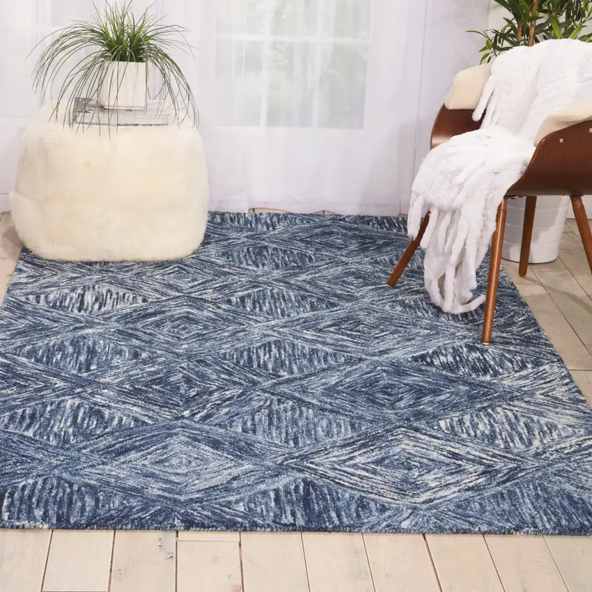 Denim Blue and Ivory Wool Geometric Area Rug Photo 3