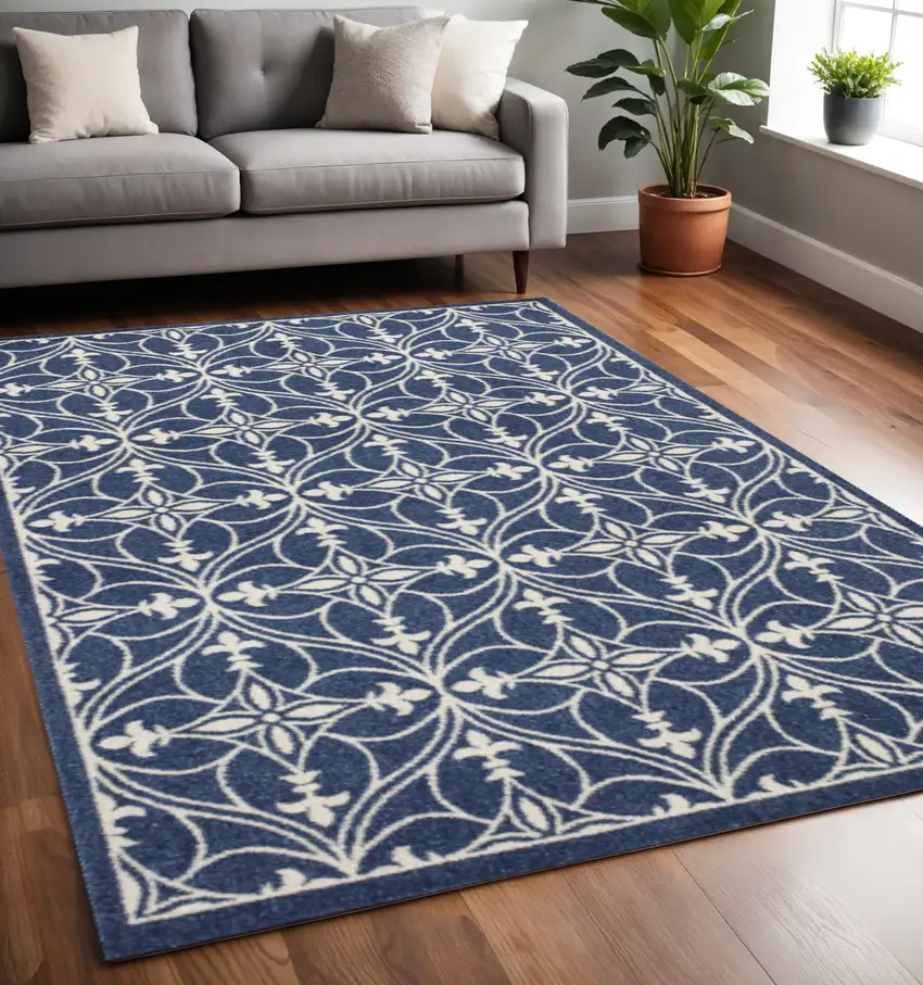 Blue And Ivory Floral Medallion Area Rug Photo 1