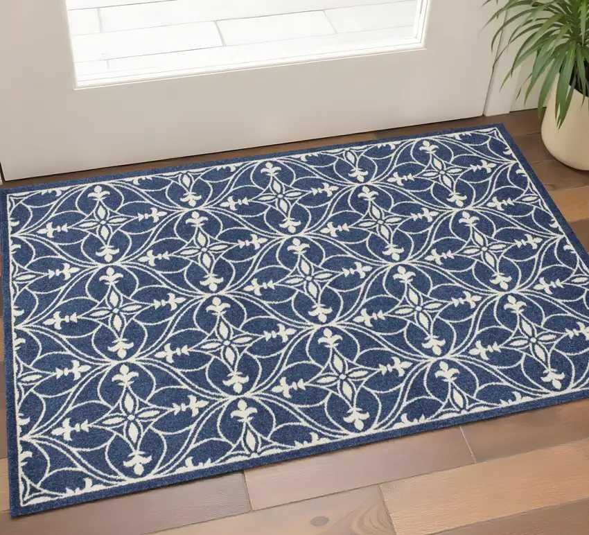Blue And Ivory Floral Medallion Area Rug Photo 1
