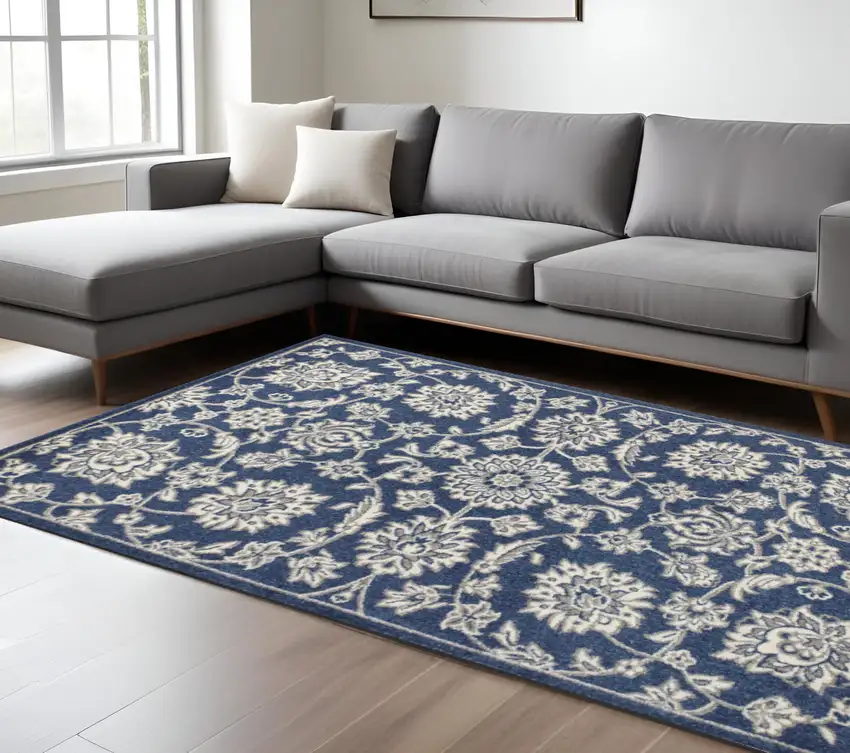Blue And Ivory Floral Medallion Area Rug Photo 1