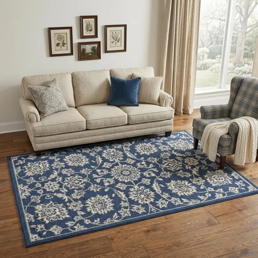 Blue And Ivory Floral Medallion Area Rug Photo 1