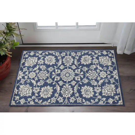 Blue And Ivory Floral Medallion Area Rug Photo 1