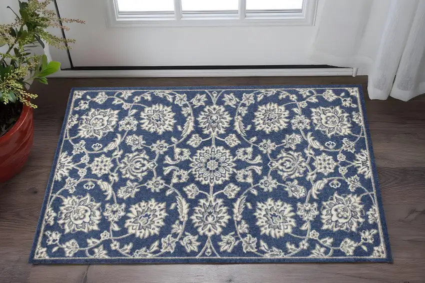 Blue And Ivory Floral Medallion Area Rug Photo 1
