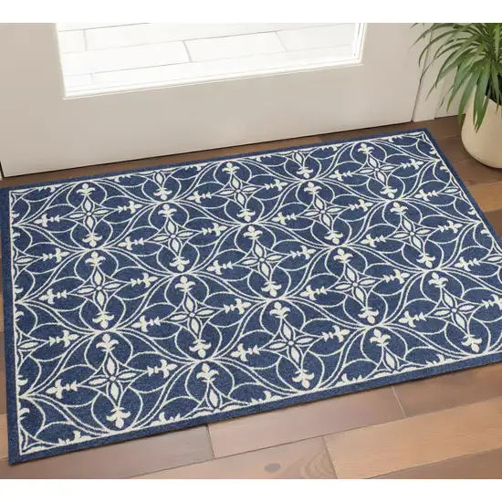 Blue And Ivory Floral Medallion Area Rug Photo 1