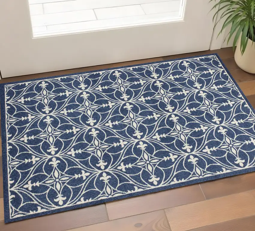 Blue And Ivory Floral Medallion Area Rug Photo 1