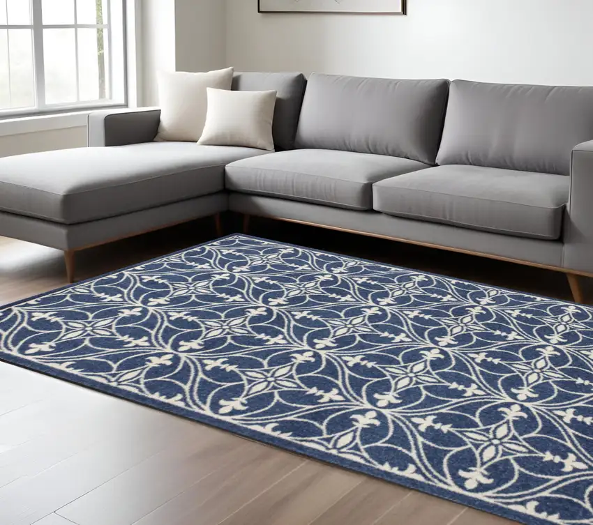 Blue And Ivory Floral Medallion Area Rug Photo 1