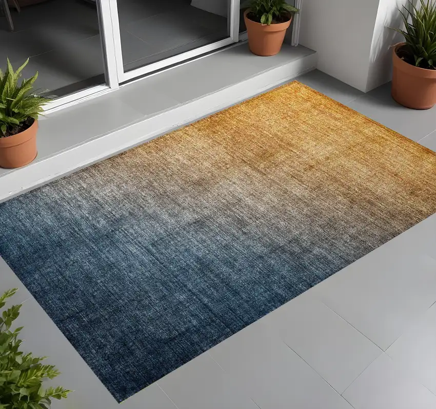 Denim and Gold Ombre Washable Non Skid Indoor Outdoor Area Rug Photo 1