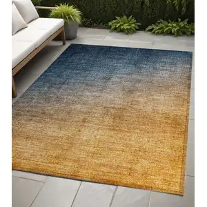 Photo of Denim and Gold Ombre Washable Non Skid Indoor Outdoor Area Rug