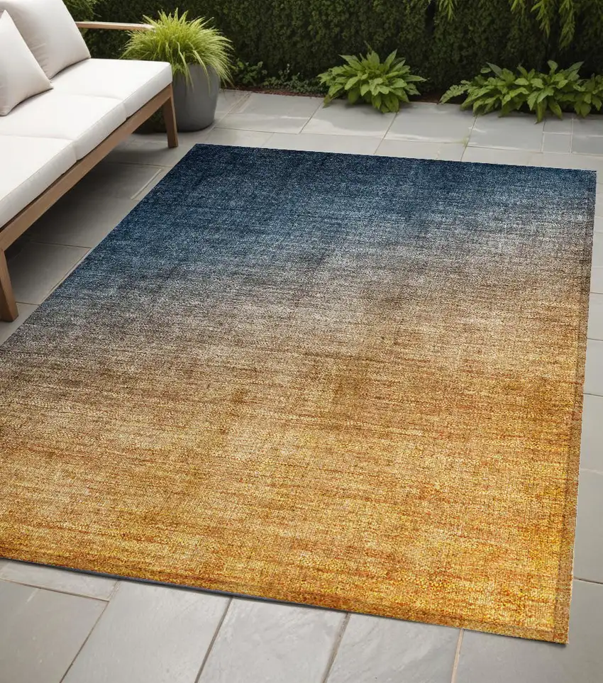 Denim and Gold Ombre Washable Non Skid Indoor Outdoor Area Rug Photo 1