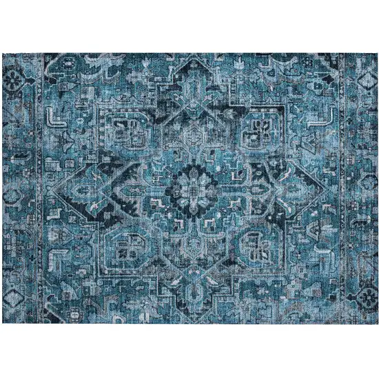 Denim and Gray Oriental Washable Non Skid Indoor Outdoor Area Rug Photo 2