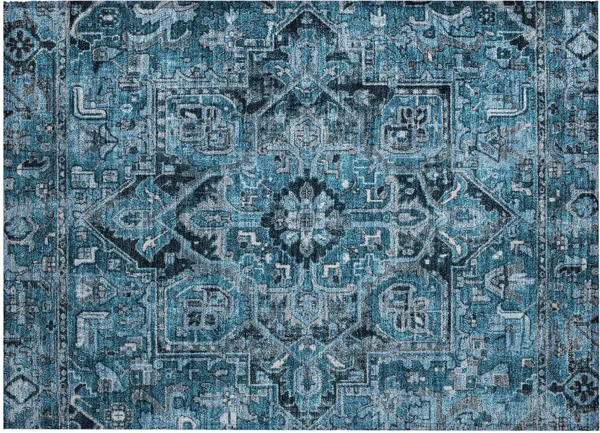 Denim and Gray Oriental Washable Non Skid Indoor Outdoor Area Rug Photo 2
