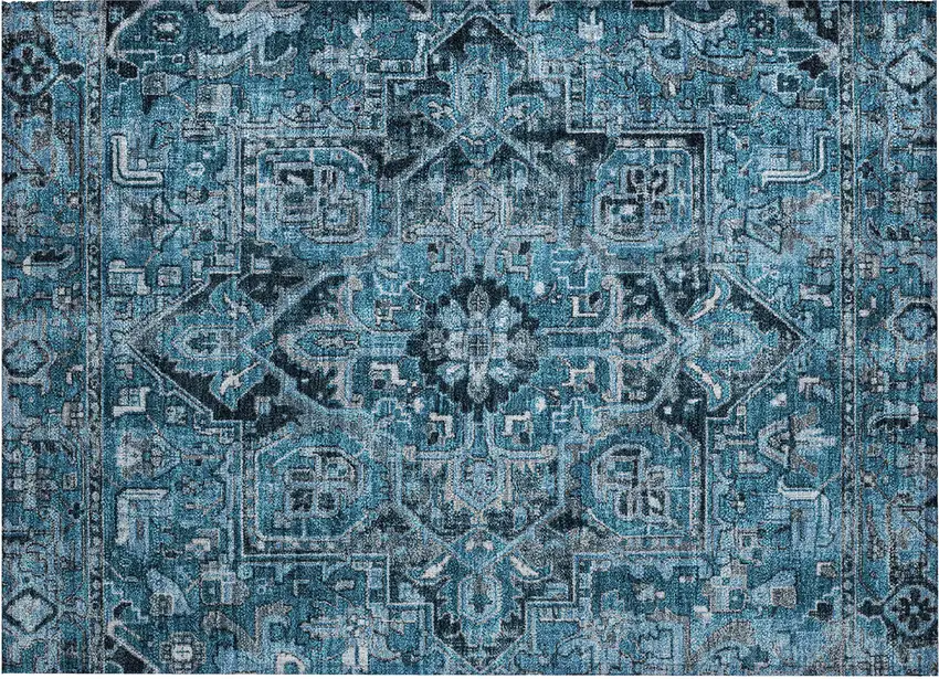 Denim and Gray Oriental Washable Non Skid Indoor Outdoor Area Rug Photo 2