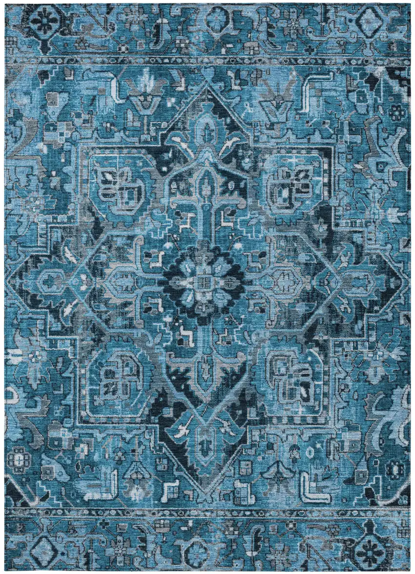 Denim and Gray Oriental Washable Non Skid Indoor Outdoor Area Rug Photo 4