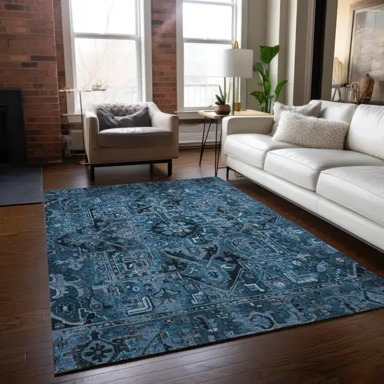 Denim and Gray Oriental Washable Non Skid Indoor Outdoor Area Rug Photo 9