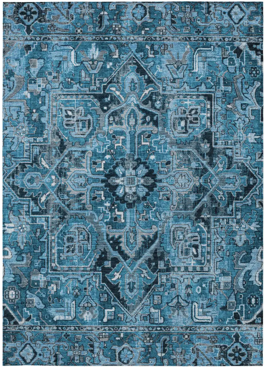 Denim and Gray Oriental Washable Non Skid Indoor Outdoor Area Rug Photo 4
