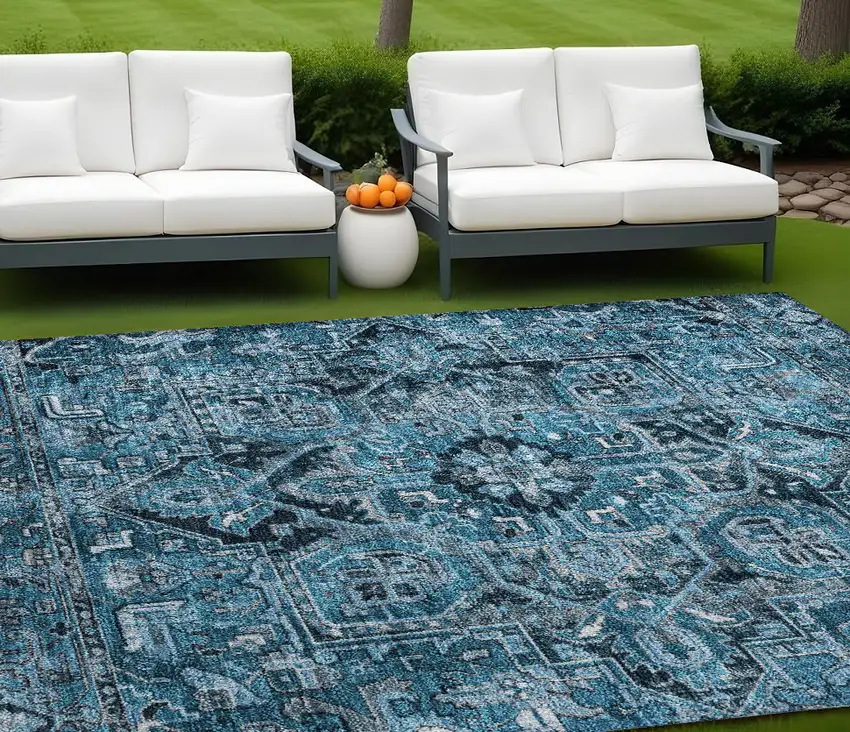 Denim and Gray Oriental Washable Non Skid Indoor Outdoor Area Rug Photo 1