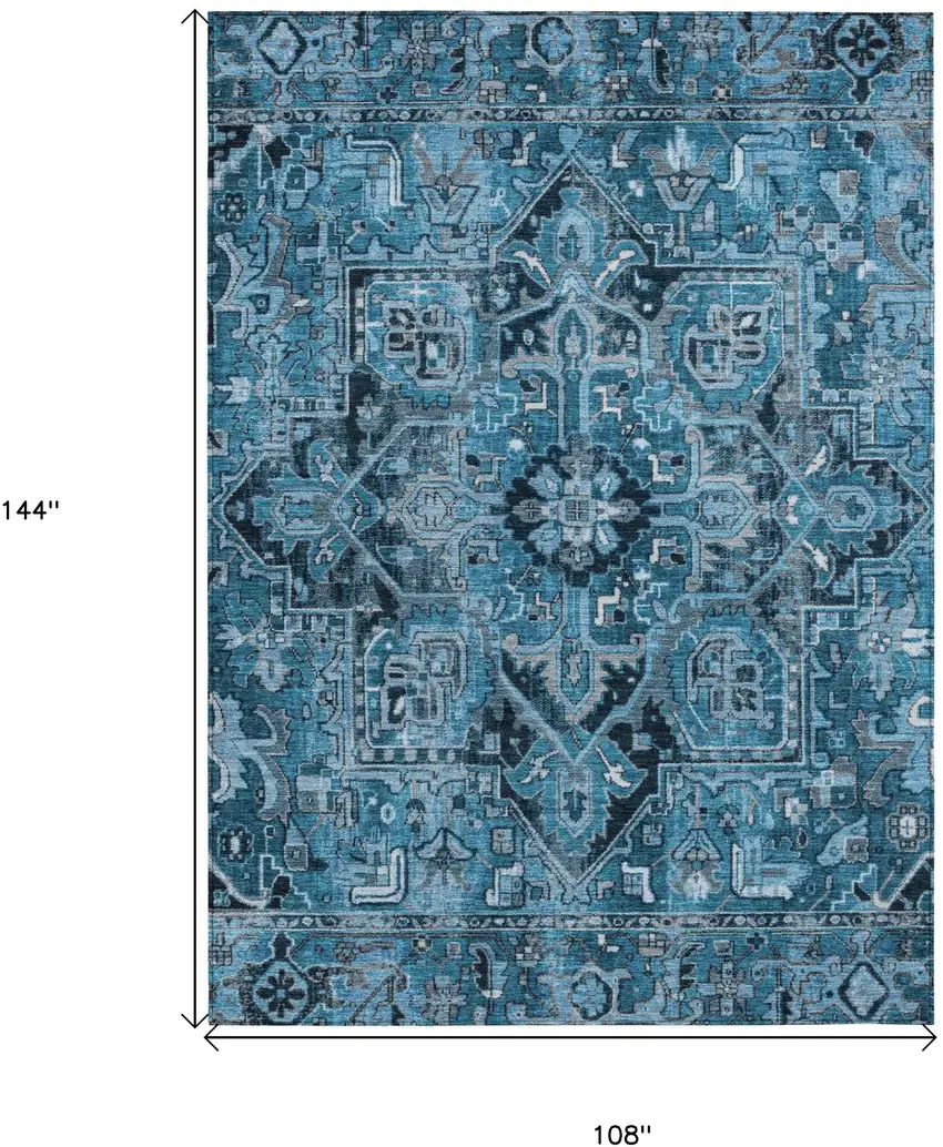 Denim and Gray Oriental Washable Non Skid Indoor Outdoor Area Rug Photo 3