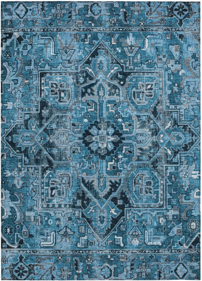 Denim and Gray Oriental Washable Non Skid Indoor Outdoor Area Rug Photo 2