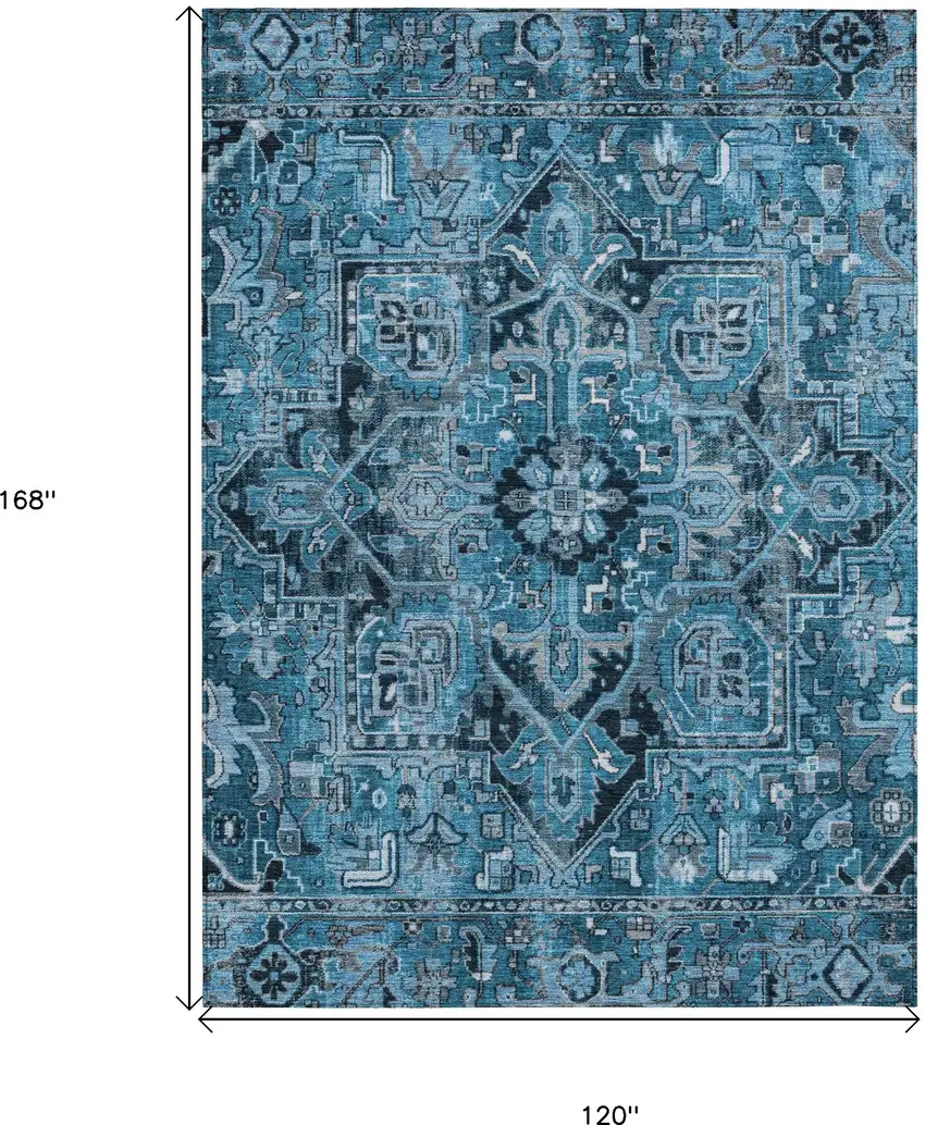 Denim and Gray Oriental Washable Non Skid Indoor Outdoor Area Rug Photo 3