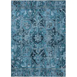 Photo of Denim and Gray Oriental Washable Non Skid Indoor Outdoor Area Rug