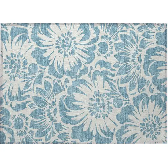 Denim and Ivory Floral Washable Non Skid Indoor Outdoor Area Rug Photo 4