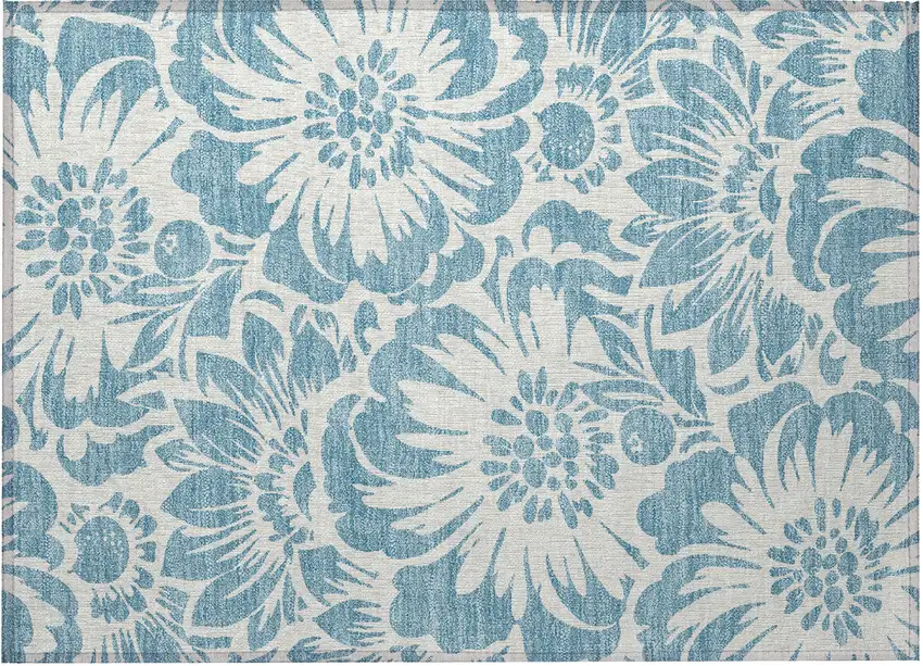 Denim and Ivory Floral Washable Non Skid Indoor Outdoor Area Rug Photo 4