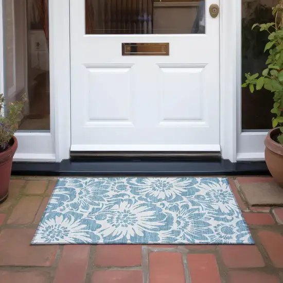 Denim and Ivory Floral Washable Non Skid Indoor Outdoor Area Rug Photo 8