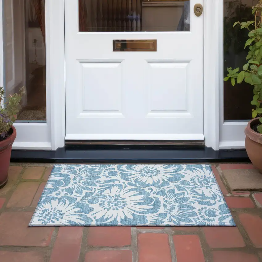 Denim and Ivory Floral Washable Non Skid Indoor Outdoor Area Rug Photo 8