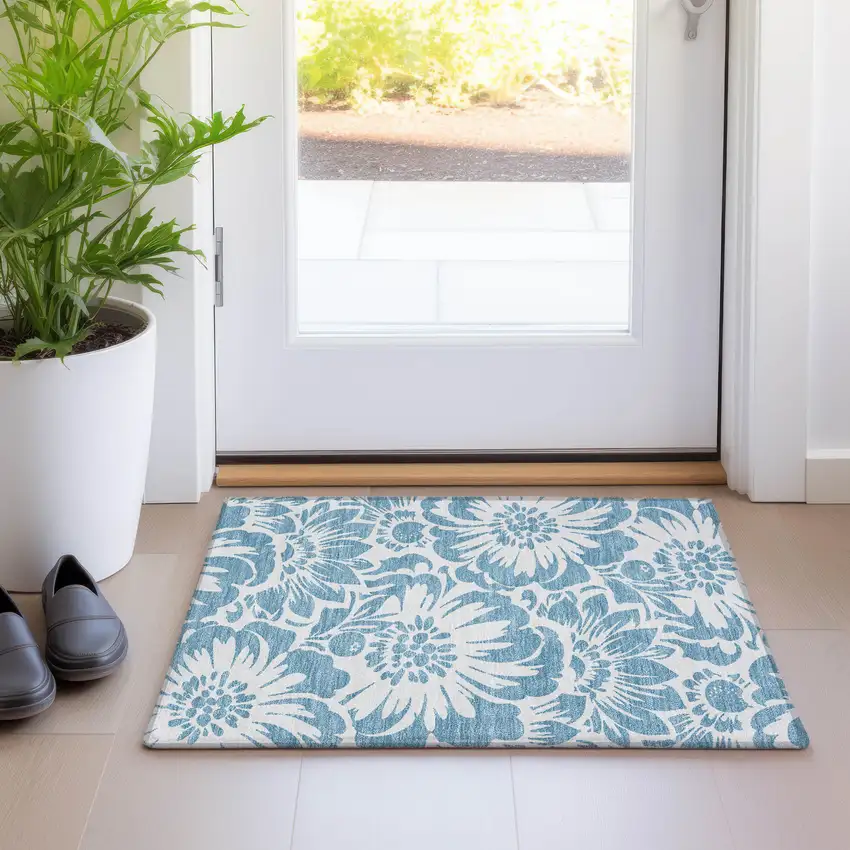 Denim and Ivory Floral Washable Non Skid Indoor Outdoor Area Rug Photo 9