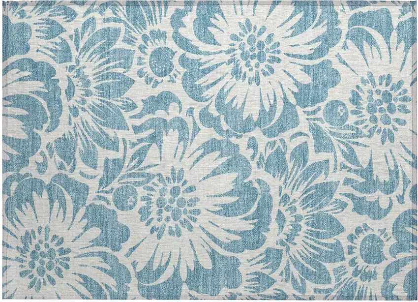 Denim and Ivory Floral Washable Non Skid Indoor Outdoor Area Rug Photo 2