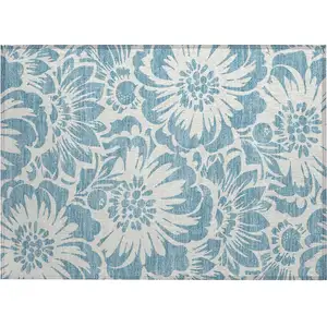 Photo of Denim and Ivory Floral Washable Non Skid Indoor Outdoor Area Rug