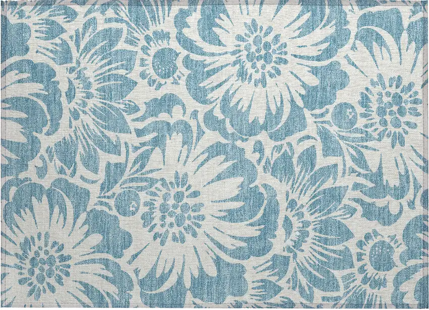 Denim and Ivory Floral Washable Non Skid Indoor Outdoor Area Rug Photo 2