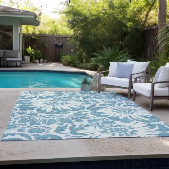 Denim and Ivory Floral Washable Non Skid Indoor Outdoor Area Rug Photo 9