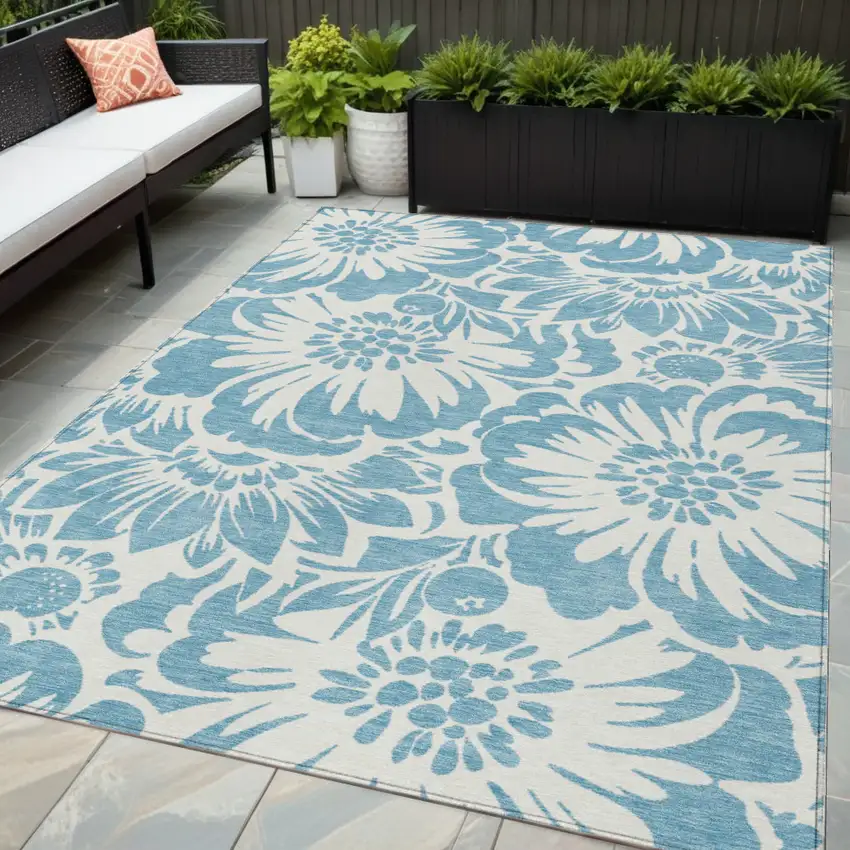 Denim and Ivory Floral Washable Non Skid Indoor Outdoor Area Rug Photo 1